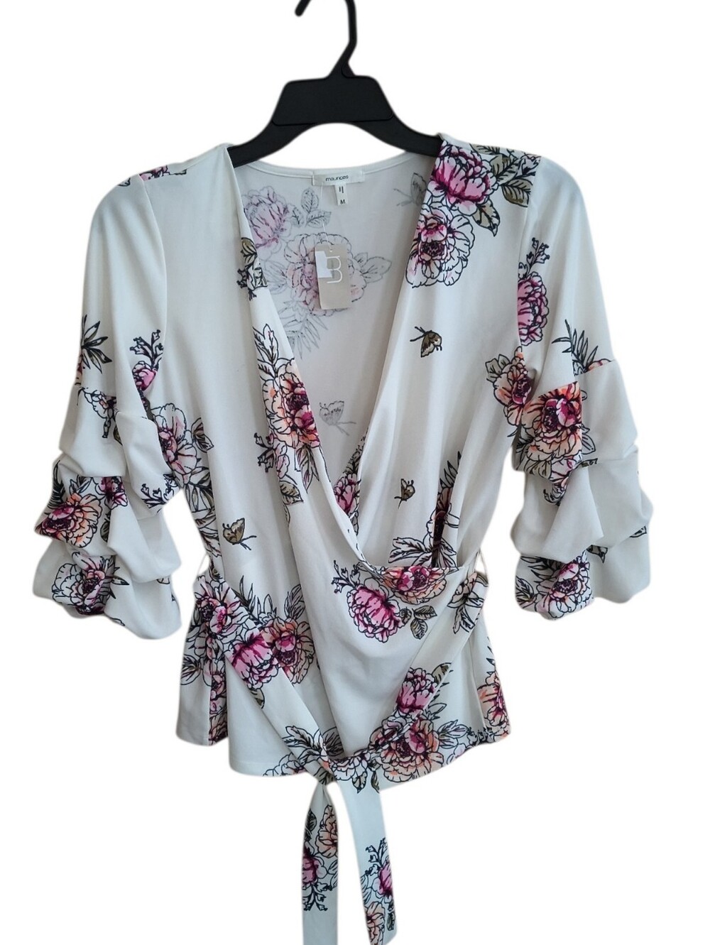 NWT Maurices Floral Wrap V-Neck Blouse With Ruched/Ruffled 3/4 Sleeves Size M